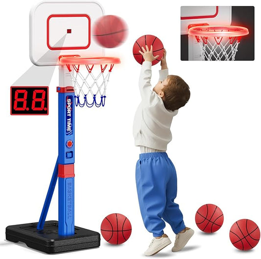 Toddler Basketball Hoop with Scoreboard/LED Basketball Rim/4 Balls, 55" Height Adjustable Basketball Hoop for Kids 3-5, Indoor Outdoor Sport Toys Birthday Gifts for Baby Boys Girls