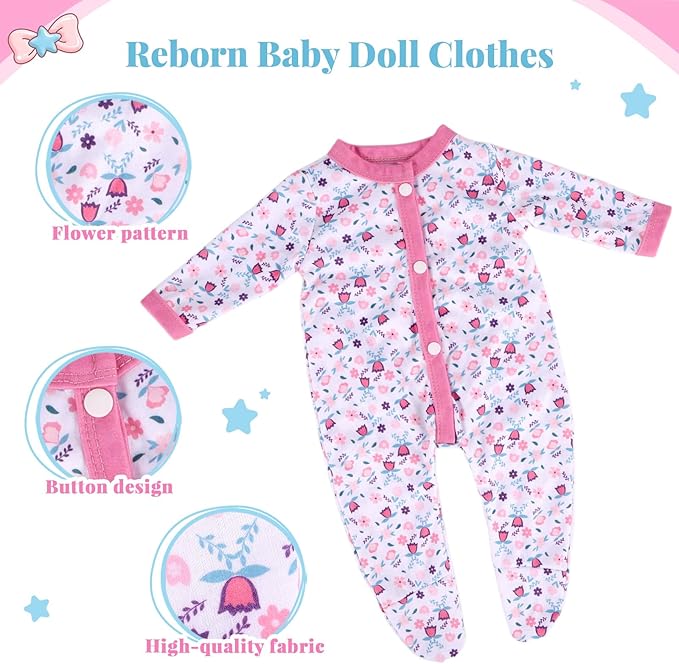 BABESIDE 4 Pcs Reborn Baby Doll Accessories and Clothes for 17-20 Inch Baby Dolls, Pink Floral Doll's Clothes Set with Hat, Pacifier and Chain for Dolls Girls Boys (Doll not Included)