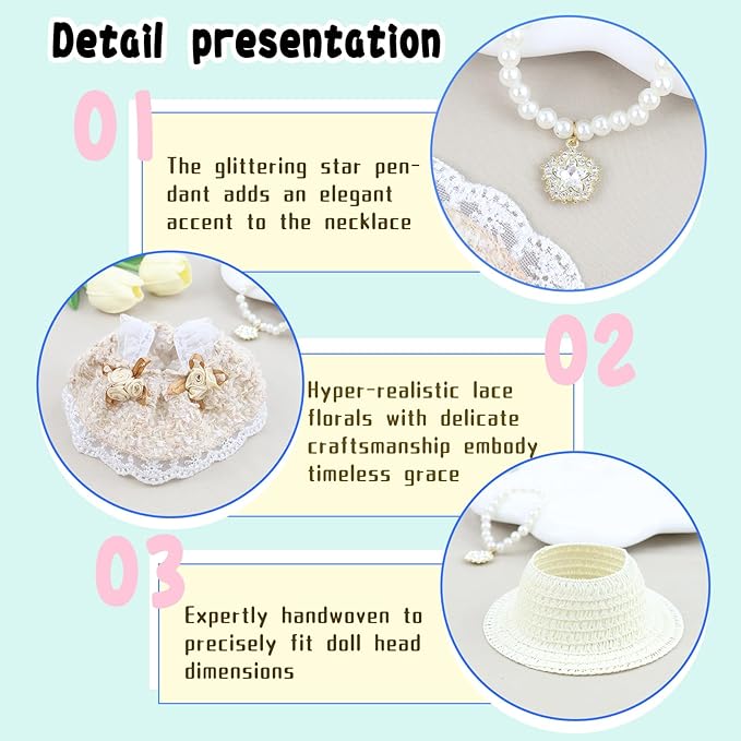 Clothes for labubu Skirt Set for Doll 3 Piece Set with Dress Outfit Hat Necklace Chic Dress for Dolls Accessories (NO Doll)(Cream Tweed)