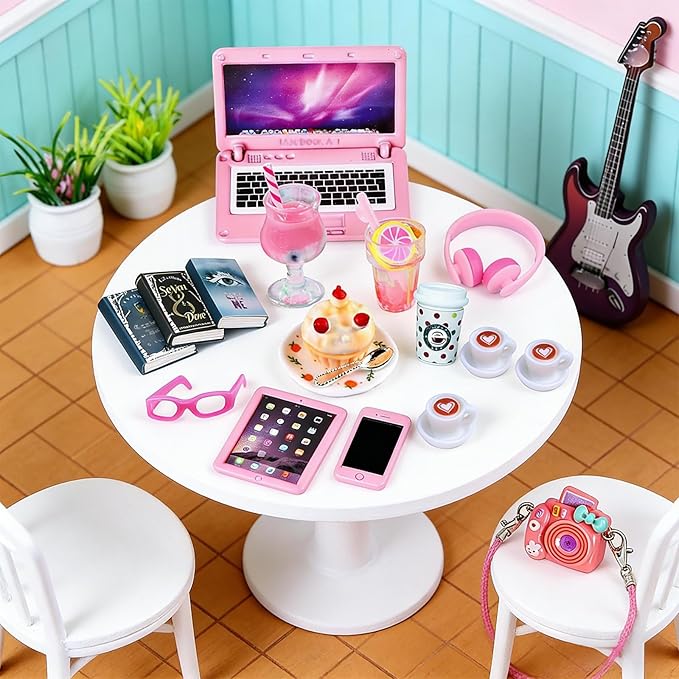 21 Pcs Dollhouse Miniature Laptop Computer Tablet Phone 1/12 1/6 Scale Tiny Book Drinks Guitar Instrument, Doll House Furniture Decor Cake Glasses Coffee Mini Headset, Camera, Potted Plants (Pink)