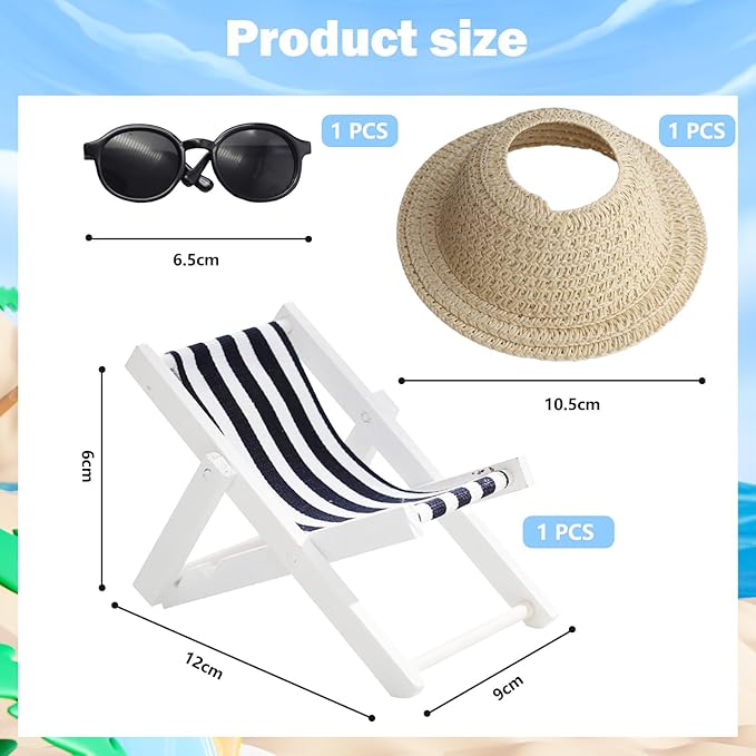 Accessories Set for 17cm Doll,Miniature Beach Sun Hat/Sunglasses/Wooden Folding Beach Chairs Compatible with Labubu 15cm/17cm Dolls,No Doll