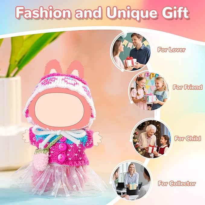 17cm Doll Clothes-Crochet Outfit Accessories Set for 5.91-6.7inch -Crocheted Hat+Pink Strawberry Sweater+White Dress+Bag(NO Doll)