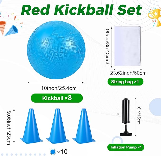 Jenaai 20 Pcs Sports Kickball Set, 3 10'' Playground Ball, 5 Rubber Throw Down Bases, Ball Pump, Net Bag, 10 Foul Line Cones, Kickball All in One Kit for Kids Adults Playground Backyard Game(Blue)