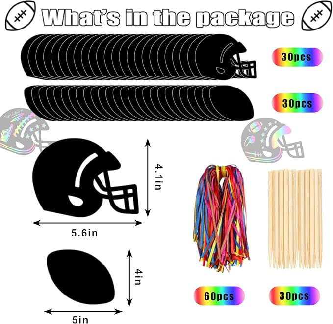 JarThenaAMCS 60 Pcs Football Scratch Paper Craft Kits Football Helmet Scratch Cards Ornaments with Ribbon and Wooden Styluses for DIY Crafts Painting Classroom Party Supplies