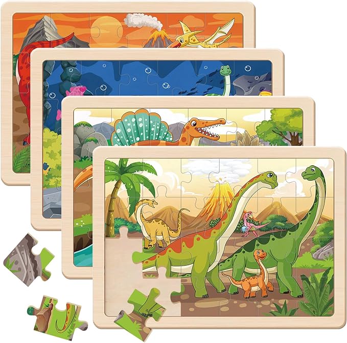Puzzles for Kids Ages 4-6, Dinosaur Wooden Puzzles, 4 Packs 24 Pieces Puzzles for Kids Ages 3-5, Preschool Educational Toys Gifts for Boys and Girls