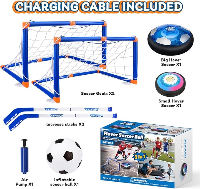 3-in-1 Hover Soccer Ball, Kids Toddler Hockey Set with LED Lights,Indoor Outdoor Toys for Kids, Soccer Gift for Boys 6-8 8-12, Birthday,Kids, Boys Girls Age 6, 7, 8, 9, 10, 11, 12