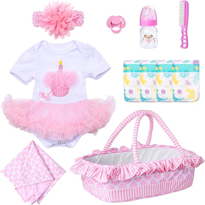 Reborn Baby Doll Clothes 11pcs Pink Dress for 17-22 Inch Reborn Dolls Baby Girl Clothes Diaper Soft Bed Accessories