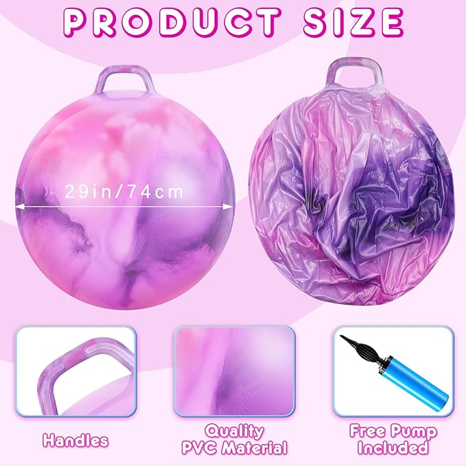 Lewtemi Hopper Ball for Adults, 29 Inch Bouncing Ball Hippity with Handle Rubber Hop, Jumping Hopping Exercise with Air Pump for Outdoors Sports Exercise (Pink Purple Cloud)