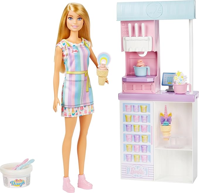 Barbie Careers Playset, Ice Cream Shop Set with Blonde Fashion Doll, Ice Cream Machine, Molds, Dough & Accessories