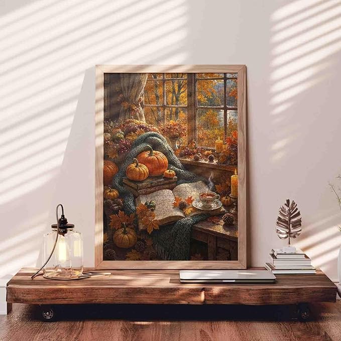 Autumn Scenery Jigsaw Puzzle 1000 Pieces Adults Window Fallen Leaves Puzzle Thanksgiving Puzzle Challenging for Family Game Perfect Family Fun Activity Wall Art Decor Gift 19.7 "x 27.6 "