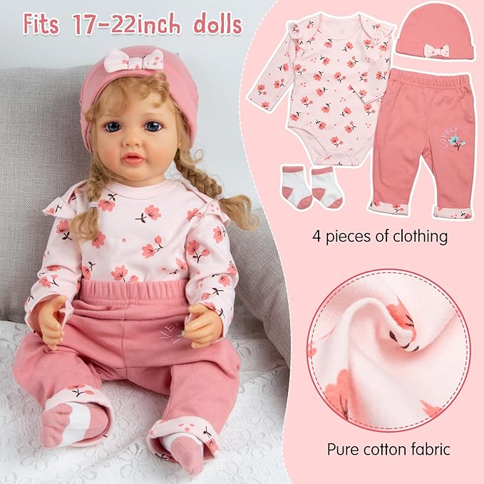 Reborn Baby Dolls Clothes Girl Outfit Accessories Pink Flower 12 Pcs for 17-22 Inches Reborn Dolls Newborn Girl with Butterfly Backpack