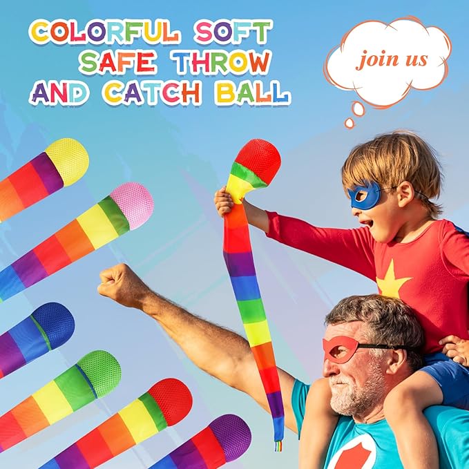 Leyndo 12 Pcs 26 Inch Throw and Catch Balls with Rainbow Tail, Soft Sports Play Comet Balls Playground Toys Bulk for Kids Adults Games and Activities Fun Throwing School (Vivid)