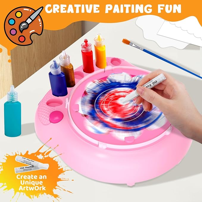 Spin Art Machine for Kids, Paint Spinner Arts and Crafts Kit with 7 Washable Paints & 36 Art Boards, Painting Art Kits for Boys Girls Ages 4 5 6 7 8 9 10 11 12, Birthday Gift Pink