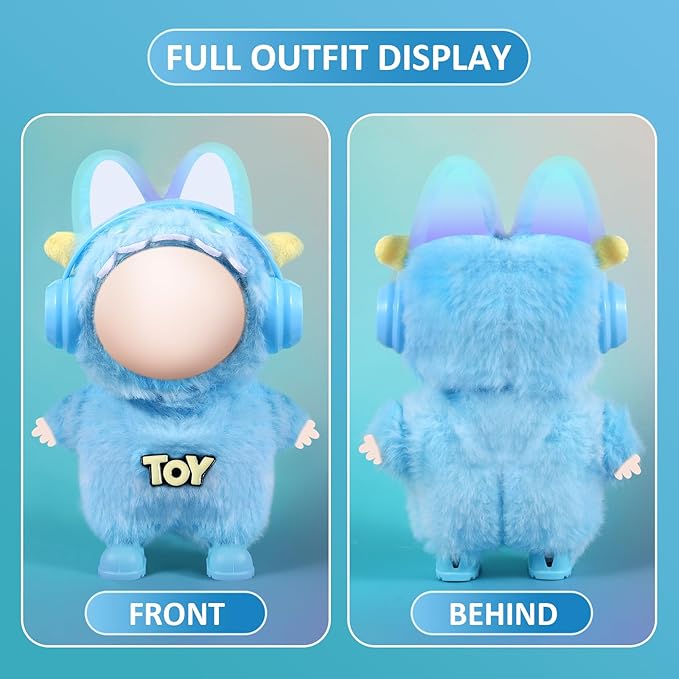 17cm Doll Clothes Set for Labubu Dress Up,Cute Outfit ,4 Piece Hat Overalls Headphones Shoes Dolls Clothing Accessories(NO Doll) (Blue)