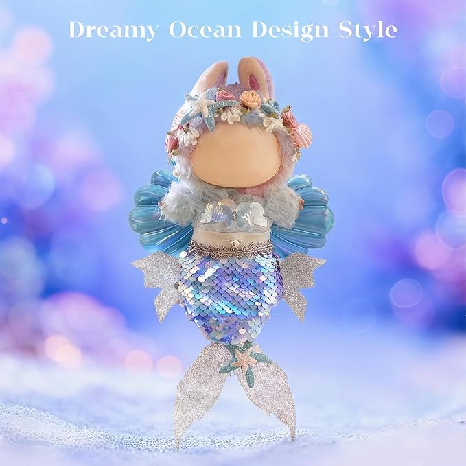 Dreamy Ocean Mermaid Style for LABUBU Clothes or LABUBU Outfits, Sparkly Tail with Shell Wings & Starfish Crown, Cute Clothes and Accessories Set, Easy to Wear Gift for The Festivals.