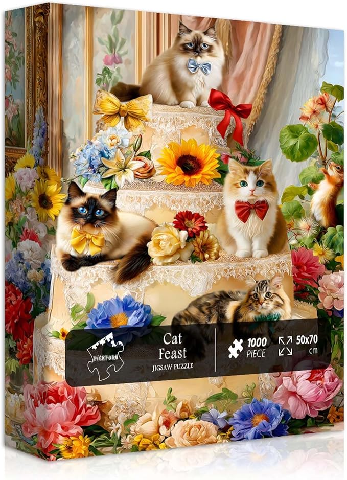 PICKFORU Cat Puzzles for Adults 1000 Pieces, Flower Kitty Jigsaw Puzzle Food Cake, Cute Animal Kitten Floral Challenge Puzzle