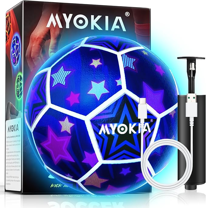 Light Up Soccer Ball Glow in The Dark Size 5 Indoor&Outdoor Sports Gifts Birthday Ideas for 3-15+ Boys, Girls, Teens with Pump & USB Cable, Tri-Color (Red, Green, Blue)，Outdoor Night Games