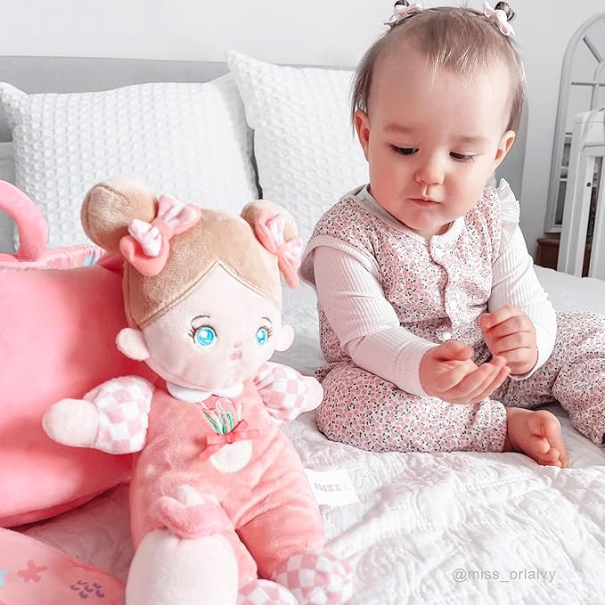 OUOZZZ Baby Doll Accessories with Soft Doll, Bassinet, Blanket and Bottle, Interactive Pretend Playset for Social Emotional Learning, Perfect Birthday Toy & Gift for 2 Year Old Girls