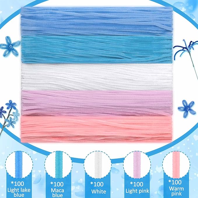 Peryiter 500 Pieces Pipe Cleaners Chenille Stems for Flowers Craft Supplies Bulk Fluffy Fuzzy Sticks for DIY Art Projects Creative Gift Wrapping Party Decorations (Blue & Pink Flower,12 Inch)