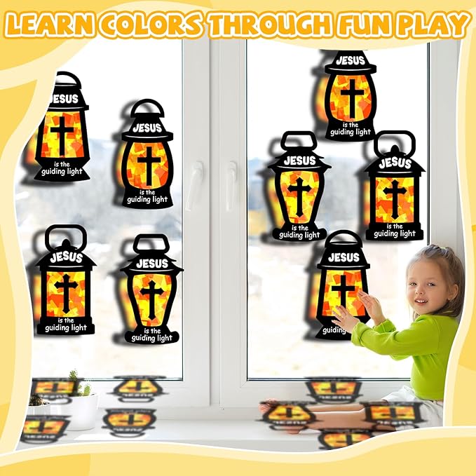 32 Set Christian Suncatchers Crafts Kits Jesus is The Guiding Light DIY Religious Window Stained Glass Hanging Ornament Easter Holiday VBS Paper Craft Holy Night Lent Sunday School Activities