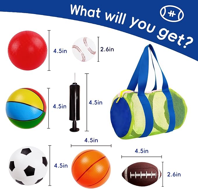 6 Pack Balls for Toddlers 1-3, Sports Balls for Kids & Baby with Pump & Carry Bag, Soft Mini Football, Soccer, Basketball, Baseball, Volleyball, 1 2 3 4 5 6 Year Old Indoor Outdoor Toys Birthday Gift
