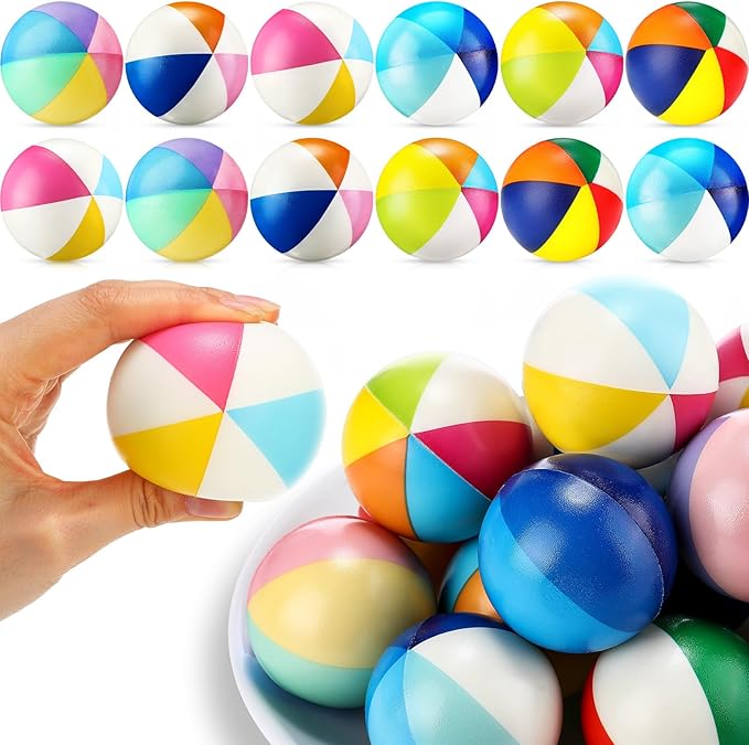 Jerify 24 Pcs Mini Beach Stress Balls 2.5 Inch Foam PU Relief Stress Mini Rainbow Blow up Beach Balls Toys for Girls Boys Birthday Hawaiian Party Favors Summer Pool Games (Fresh Color)