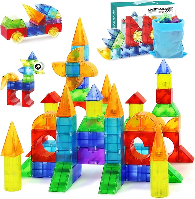 Magnetic Blocks,66 Piece Translucent Building Blocks for 3+ Boys Girls Birthday Gifts,Multi Shape Magnetic Cubes Preschool Classroom Educational Toys for 3-8 Year Old Kids STEM Activities