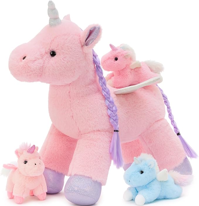 Tezituor Pink Unicorn Stuffed Animal with Hair & Wings,Unicorn Plush Toys for Girls Kids with 3 Babies Inside, Unicorns Plushie,Rainbow Unicorn Stuffy for Birthday, Easter, Valentines Day Gifts