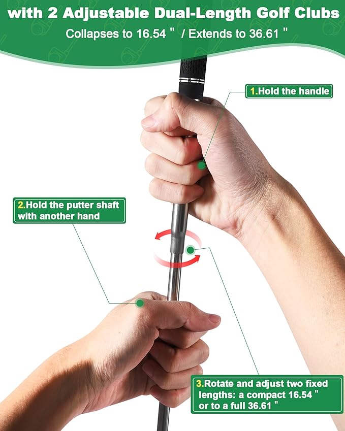 HOTWIND 2 Pack Adjustable Golf Clubs Dual-Length 16.54”or 36.65” for Backyard Golf Game with 5”x 3.5” Oversize Head Telescopic Aluminum Shaft for Adults Play Outdoor Golf Yard Game in Parks and Yards