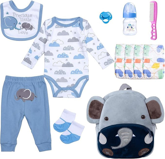 12Pcs Reborn Baby Doll Accessories Set 17-22 Inch Boy Clothes with Backpack Blue Elephant Outfits Reborn Baby Dolls Clothes Diapers Bag Design