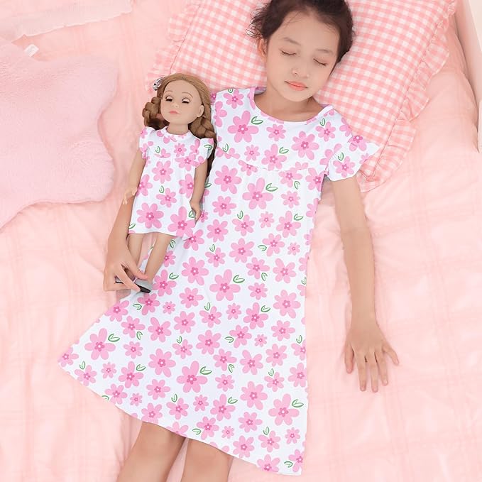 ICOSY Matching Doll & Girls Nightgowns Clothes Girls Pajamas Sleepwear Outfit for Kids and 18" Girl Doll