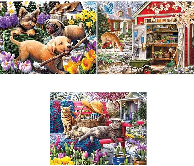 Bits and Pieces - Value Set of Three (3) - 300 Piece Jigsaw Puzzles for Adults - Spring Collection Large Piece Jigsaws by Artist Larry Jones - 18” x 24”