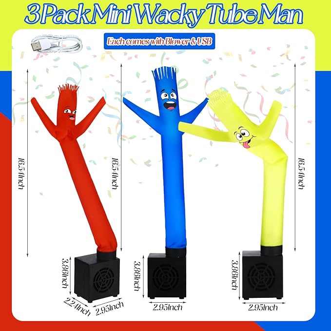Poen 3 Pcs Mini Inflatable Tube Man White Elephant Gift Funny Gag Birthday Wacky Waving Inflatable Guy with Blower Desktop Mini Dancer Gift for Women Party Decoration(Smile)