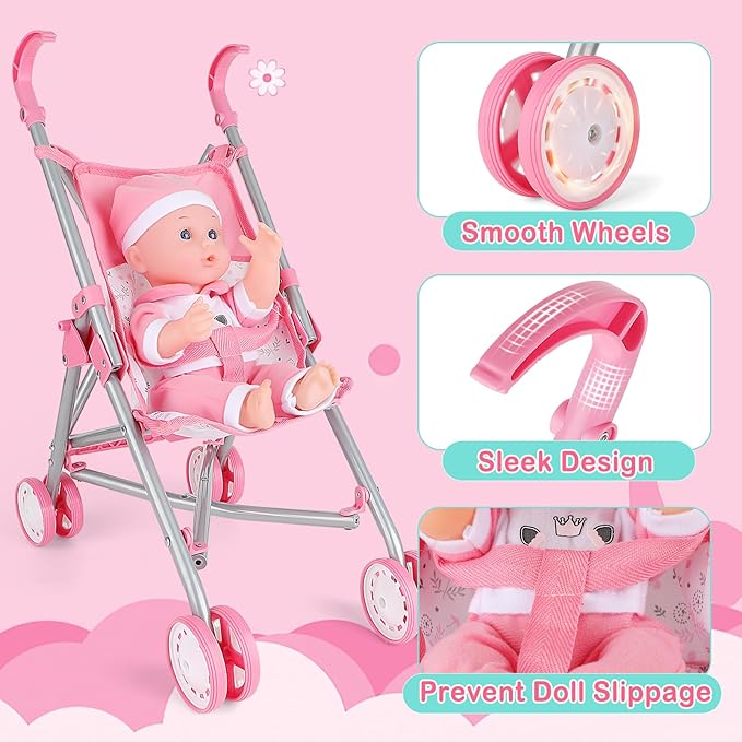 deAO Baby Doll Stroller Crib Bed Nursery Role Play Set Baby Doll Accessories and Play Mat,Travel Cot,Bouncer,Foldable Stroller and Travel Bag Birthday for Girls Boys Kids
