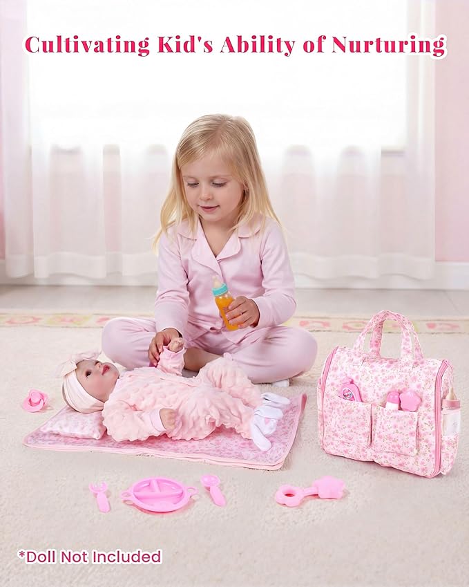 BABESIDE 10 Pcs Baby Doll Diaper Bag Set – Reborn Baby Doll Accessories with Changing Pad, Feeding Bottles, Care Set– Diaper Bag Toys for Baby Dolls up to 21 Inches, Gift for Girls Ages 3 and Up