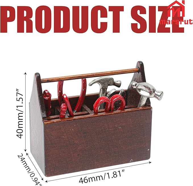 Miniature Tool Box Dollhouse 1/12 Scale Kit Set, 8Pcs Metal Working Tools with Mini Wood Toolbox, Doll Garage Accessories, Tiny Model for House Building, Garden Outdoor Repair, Rustic Farm Crafts