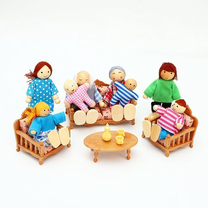ONEST 15 Pieces Wooden Dollhouse Family Set Mini People Figures Sets Dollhouse Dolls Wooden Doll Family Pretend Play Figures Accessories for Pretend Doll House