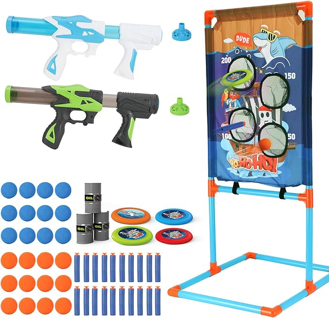 Shooting Games Toy with Player Air Guns, Shooting Target, 24 Foam Balls, Foam Darts, Oil-Tank Targets, Flying Discs, Shooting Target Toys Outdoor Game Toys for Christmas Birthday Gifts