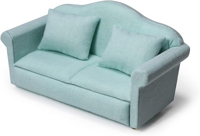 Dollhouse Couch Miniature Sofa with Pillows Dollhouse Living Room Funiture 1:12 Scale Model 3 Pcs High Simulation Upholstered Wooden Fabric Armchair Mini Room Artificial House Scene Decoration (Green)