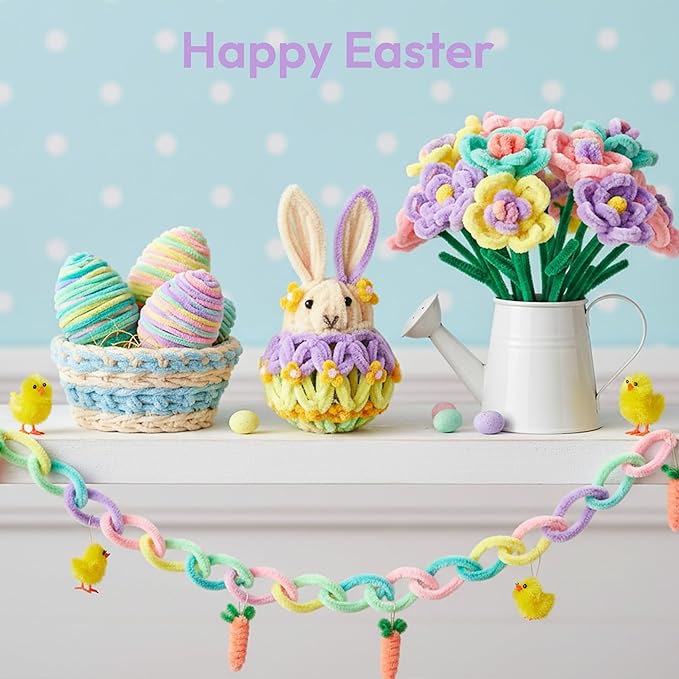 Caydo 300 Pieces Macaroon Pipe Cleaners for Flowers, Thick Fluffy Chenille Stems for Creative Art & Craft Making and Easter Decorations