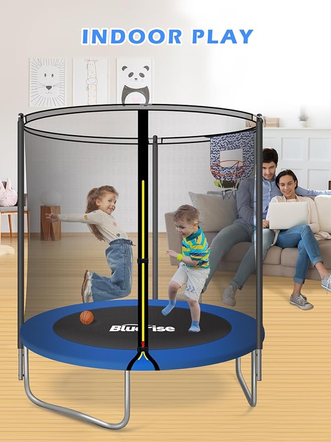 BLUERISE 55IN 6FT Toddler Trampoline for Kids Indoor Outdoor Play for Kids Trampoline Basketball Hoop Attachment with Enclosure Net Easy to Assemble