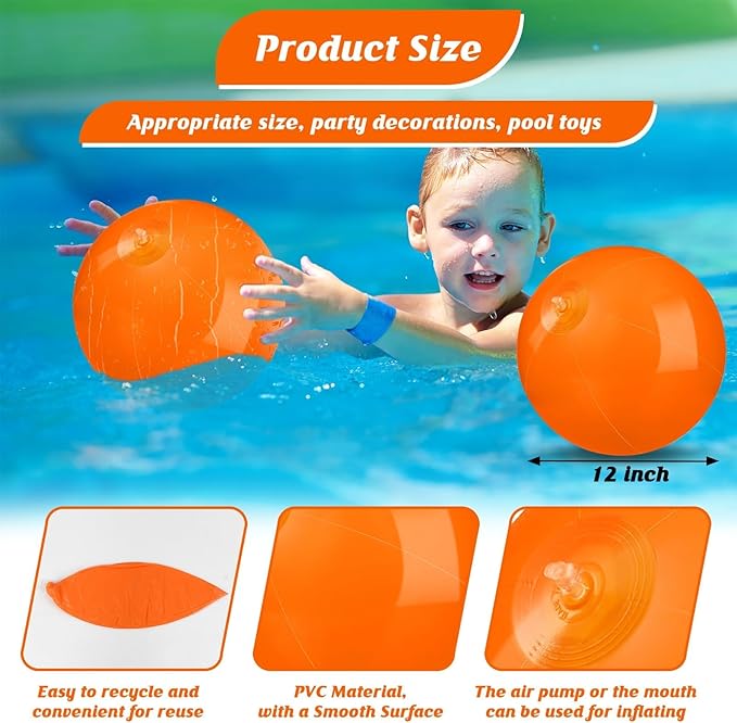 10 Pack Orange Beach Ball - 12Inch Blow Up Beach Ball Party Supplies for Kids, Inflatable Floating Balls for Summer Pool Parties, Outdoor Activities & Birthday Decorations(Orange)