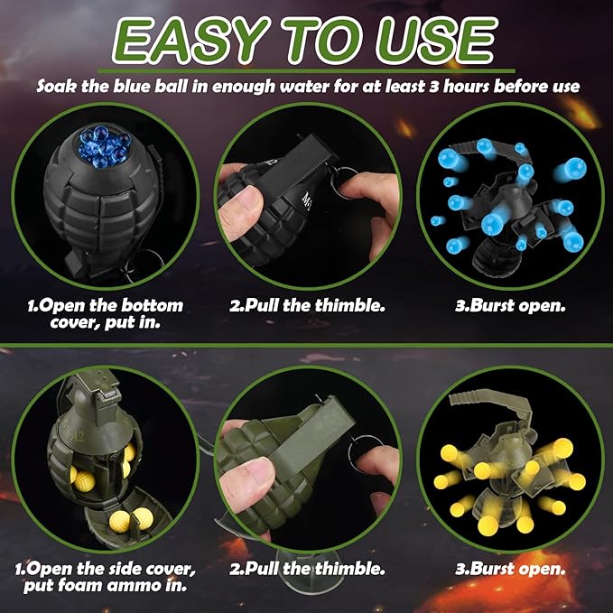Tactical Toy-Grenade for CS Battle Game,2Pcs Fall Resistant Refillable Fun Impact,Pull Ring Grenade Toy with 20 Foam Ammo for 14+ Outdoor Sport