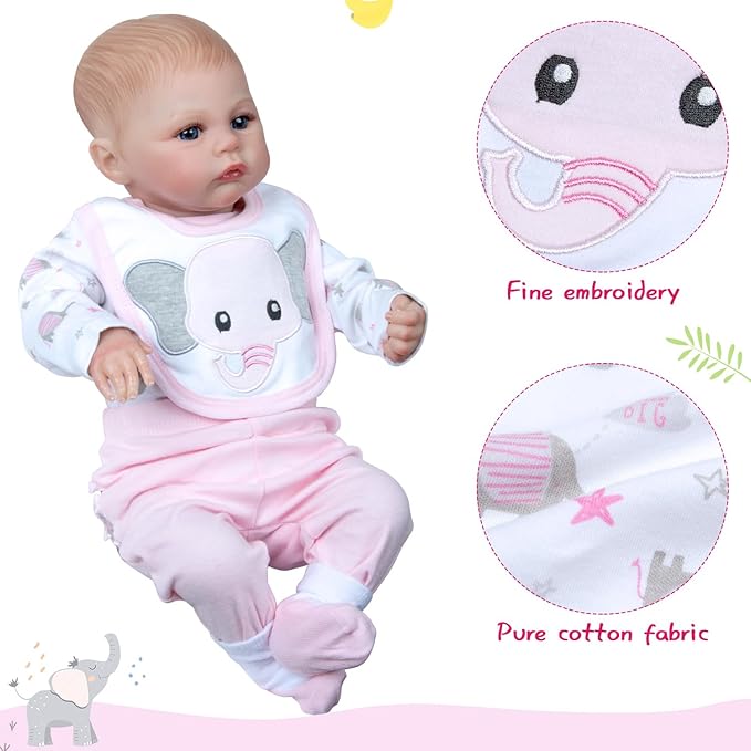 4 pcs Reborn Baby Doll Clothes Set for 17-22 Inch Newborn Baby Dolls Pink Doll Outfits with Bodysuit Bib Socks Girl Doll Accessories