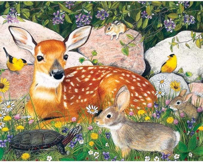 Bits and Pieces – Large 200 Piece Jigsaw Puzzle for Adults – Woodland Friends - Forest Deer Bunny Turtle Bird Jigsaw Puzzle by Julie Bauknecht, Completed Puzzle Size: 15" x 19"