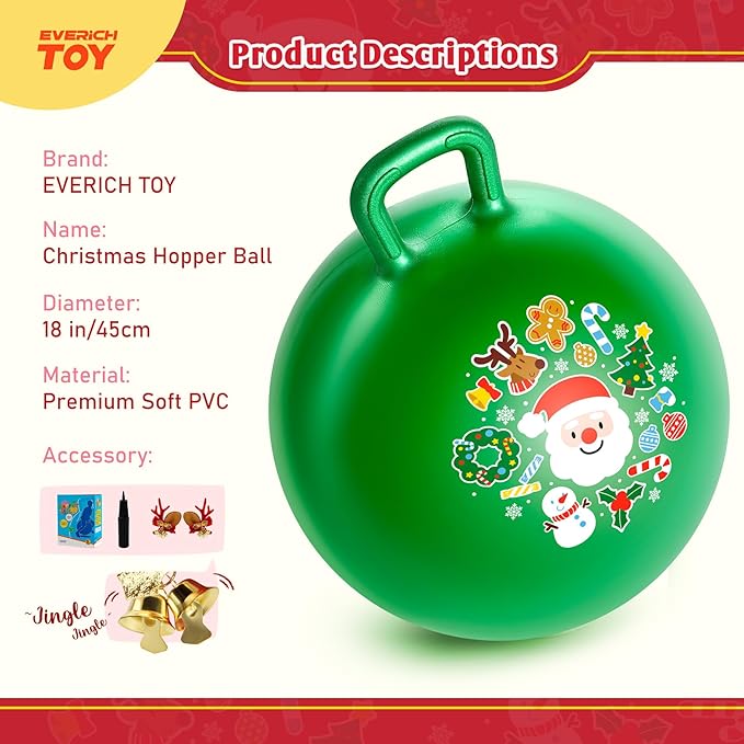 EVERICH TOY Hopper Ball for Kids 18In Sit On Bouncy Balls with Handle for Indoor Outdoor Active Play, Green Christmas Inflatable Boys Girls Gifts for 4 5 6 7 8 Years Old with Christmas Reindeer Ears