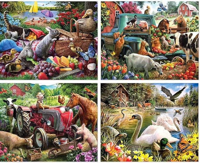 Bits and Pieces – 4-in-1 Multi-Pack 1000 Piece Jigsaw Puzzles for Adults – Country Fun by Artist Larry Jones, Completed Puzzle Size: 20" x 27"