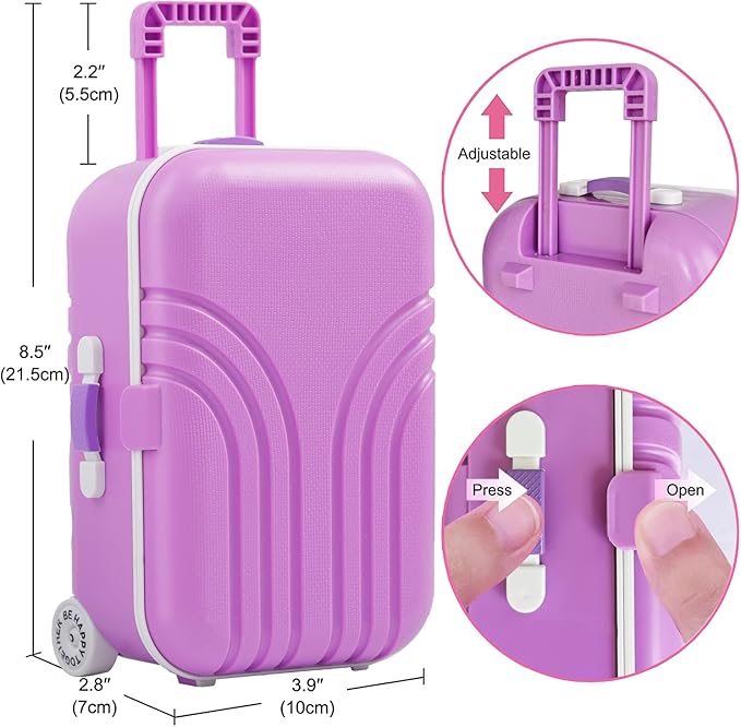 Srua Don 18 Inch Doll Suitcase Travel Luggage Play Set, Mermaid Theme Travel Carrier Storage Accessories for 18inch Doll, Include Case, Clothes, Hat, Sunglasses, Camera, Pillow, Toy Pet