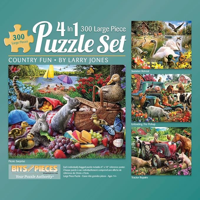 Bits and Pieces – 4-in-1 Multi-Pack Jigsaw Puzzle Set for Adults – Picnic Surprise, Pickup Tractor & Summer Retreat by Larry Jones – Random Die-Cut Pieces (Four 300 Piece Puzzles 16" x 20")