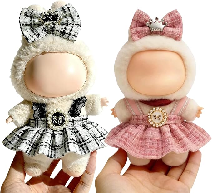 (2 Pack) Clothes for LABUBU 17cm Doll (NO Dolls), Black Plaid Outfit & Hot Pink Plaid Dress, Stylish Dress and Hairpin Set, Fashion and Premium Dolls Outfit Accessories for LABUBU